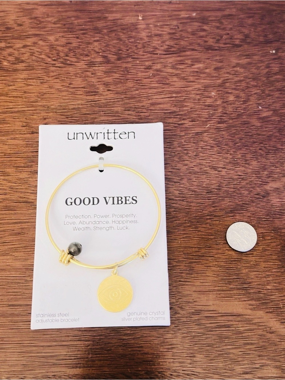 Unwritten Gold 'Good Vibes' Charm Bangle with Gray Bead
